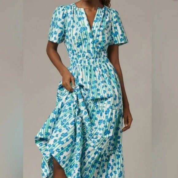 Anthropologie The Somerset Maxi Dress in Blue Green Floral Stripe - Picture 1 of 13